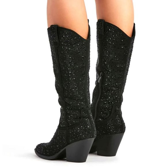 New Black Blingy Rhinestone Knee High Cowboy Boots - Picture 7 of 8